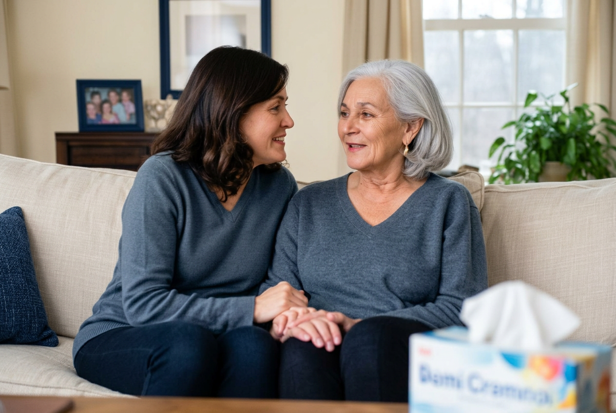 A mother and daughter sitting close on a sofa, offering support